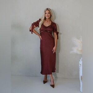 These Three Boutique Claire Lace Trim Midi Dress-Burnt Brown